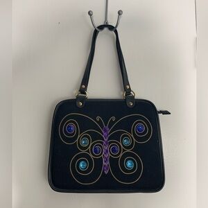 Lulu Guinness vintage bejeweled butterfly black cotton handbag.